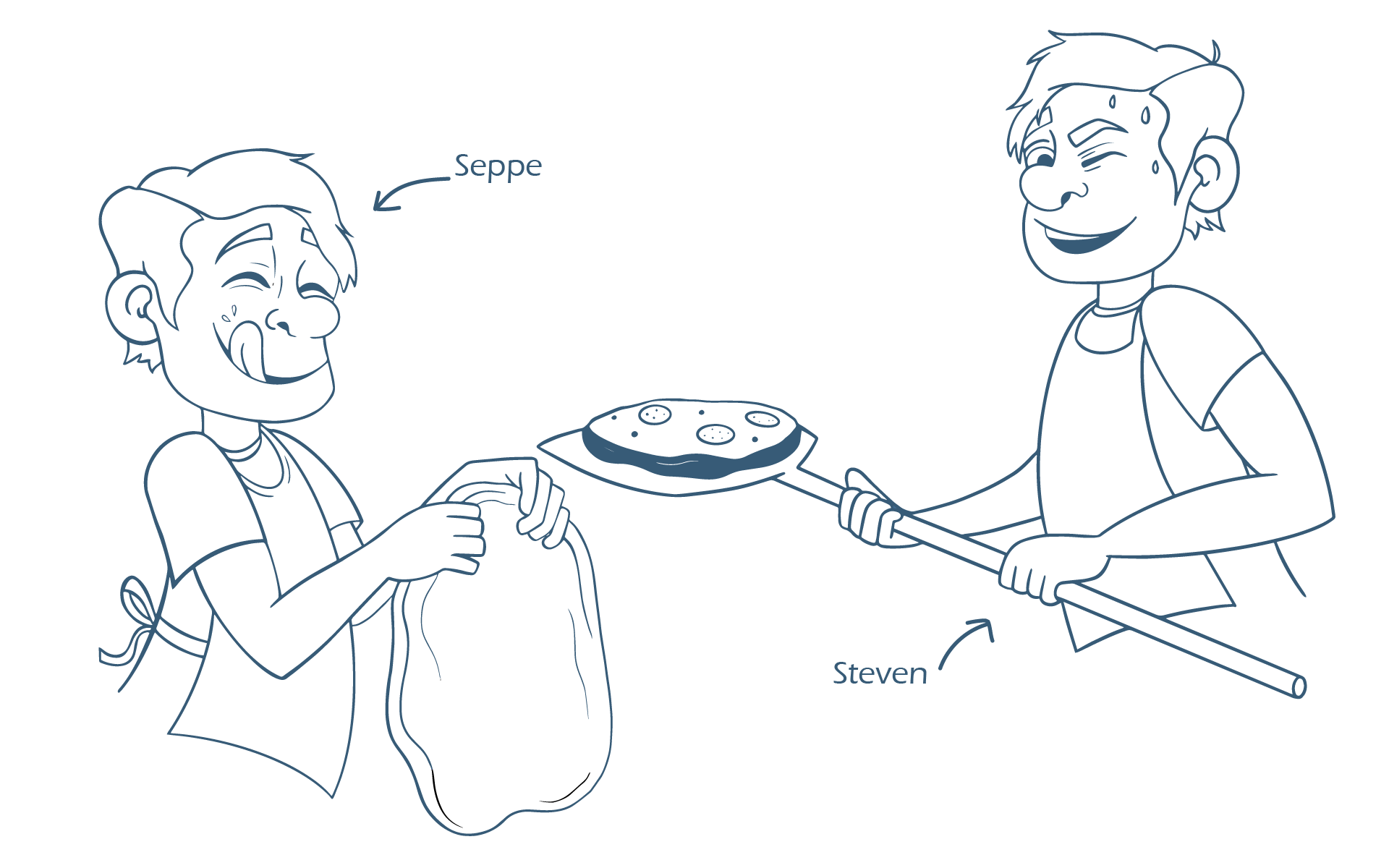 Illustratie van Seppe en Steven met deeg en pizzaschep